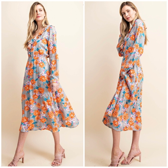 Boho Chic Slate Gray Floral Flowy Long Sleeves Midi Dress - Picture 3 of 7